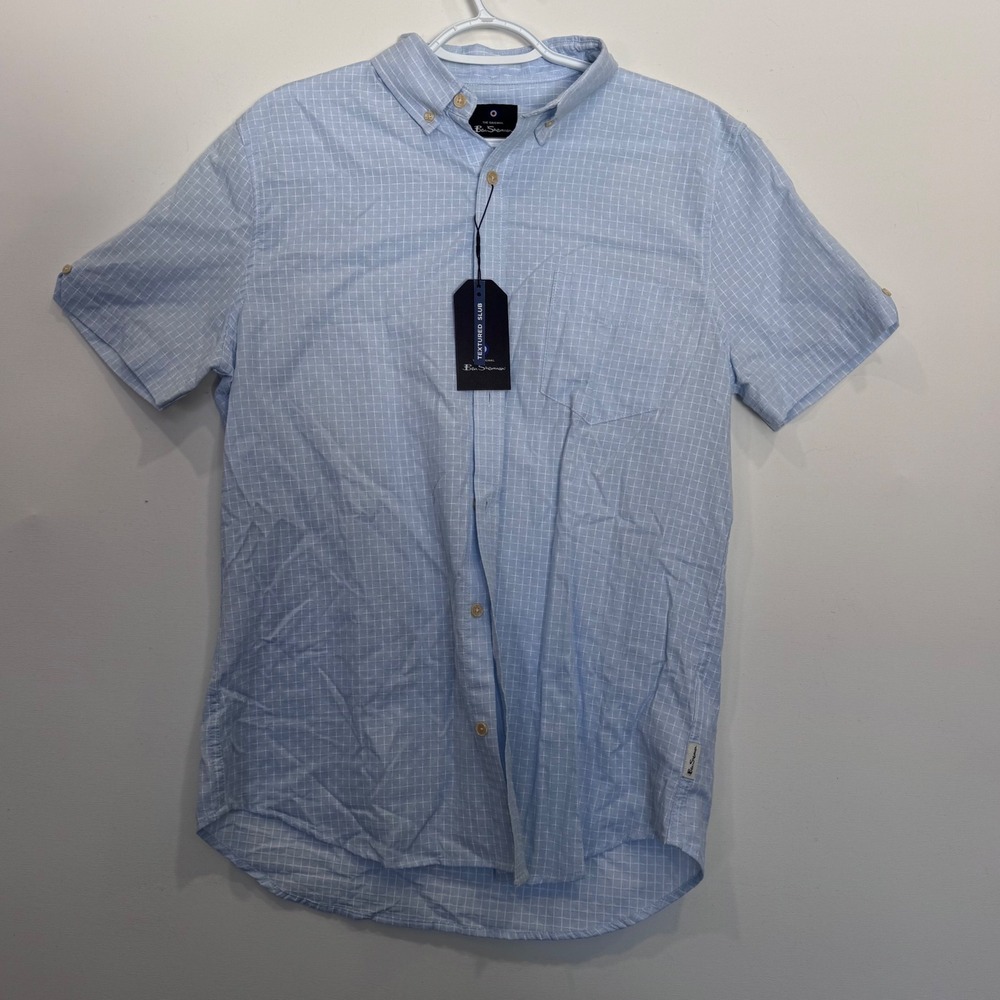 Ben Sherman Mens Sky Blue Textured Slub Grid Short Sleeve Button Down Shirt M